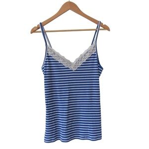 Old Navy Blue White Striped Cami Tank Top Large Lace Trim Y2K V-Neck College